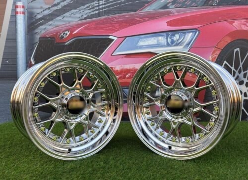 BBS RS Style R15X8J 4X100/4X114.3 ET0 73.1 Black Chrome with Gold rivets