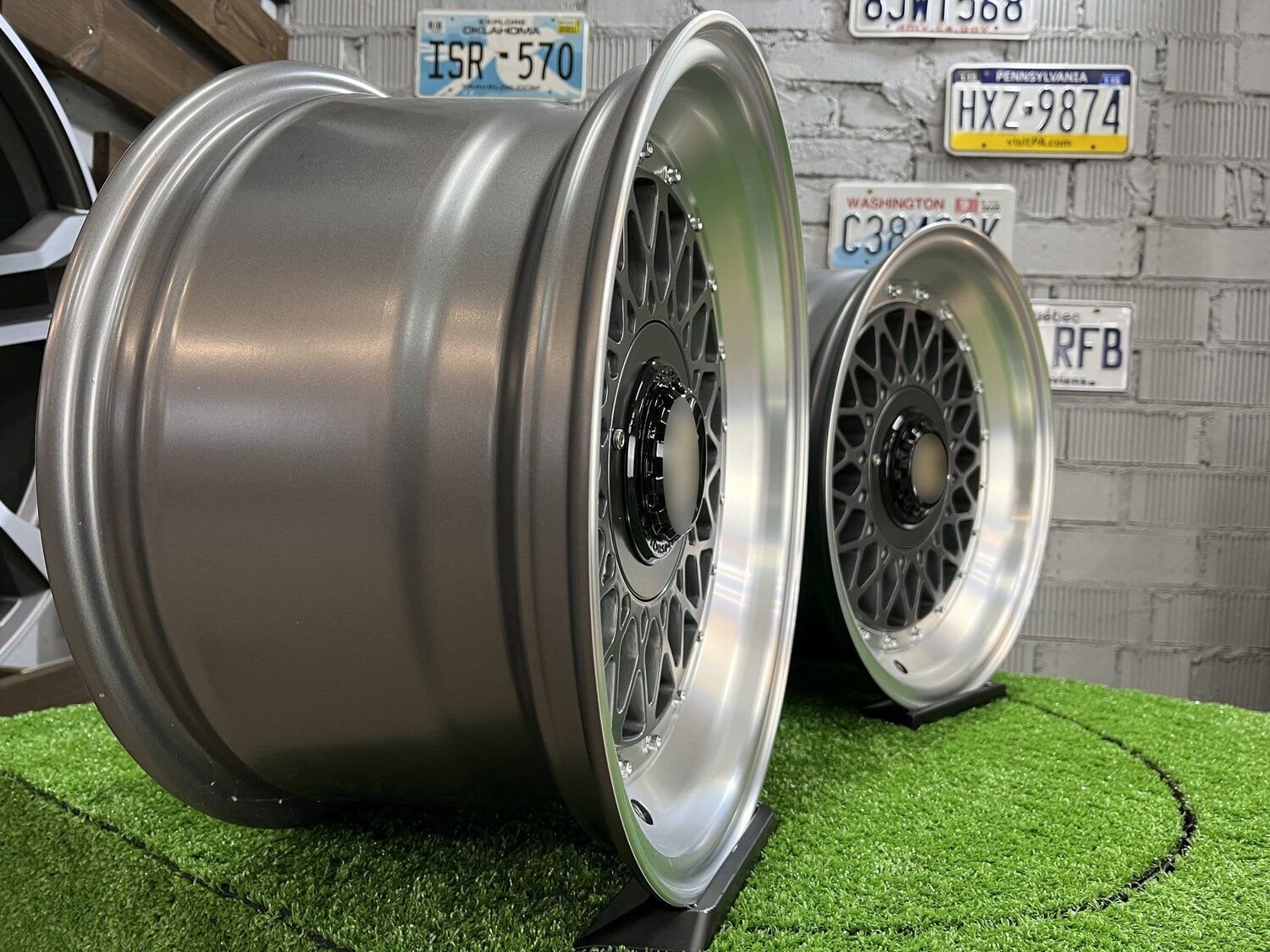 Porsche Mesh Mags BBS Design 15X8J 4X100/4X108 ET25 73.1 Grey gunmetal with polished lip ( BMW E30, VW Golf/Jetta, AUDI 80/90/200/Coupe ) 4