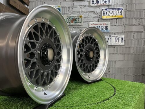 Porsche Mesh Mags BBS Design 15X8J 4X100/4X108 ET25 73.1 Grey gunmetal with polished lip ( BMW E30, VW Golf/Jetta, AUDI 80/90/200/Coupe )