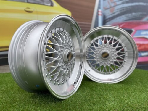 BBS RS Slant Lip Style 17X8.5J 4X100/4X108 ET35 73.1 Silver with Diamond Cut lip and chrome rivets (BMW E30, VW Golf/Jetta, AUDI 80/90/200/Coupe, Ford Escort)