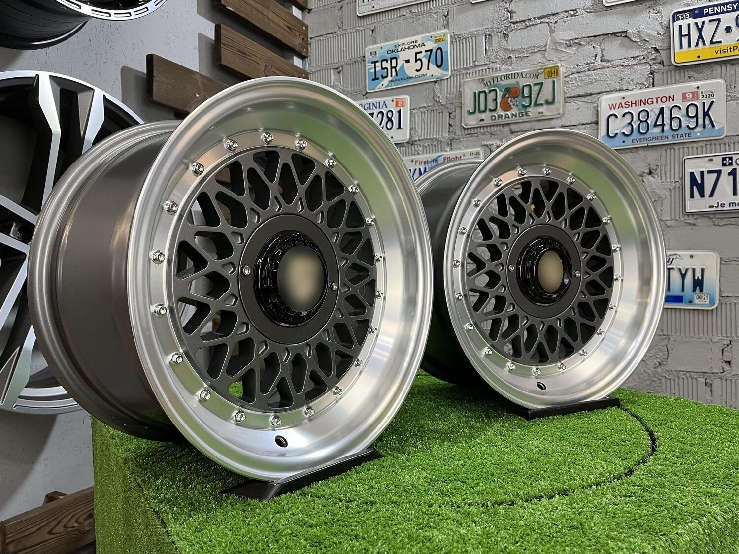 Porsche Mesh Mags BBS Design 15X8J 4X100/4X108 ET25 73.1 Grey gunmetal with polished lip ( BMW E30, VW Golf/Jetta, AUDI 80/90/200/Coupe ) 8