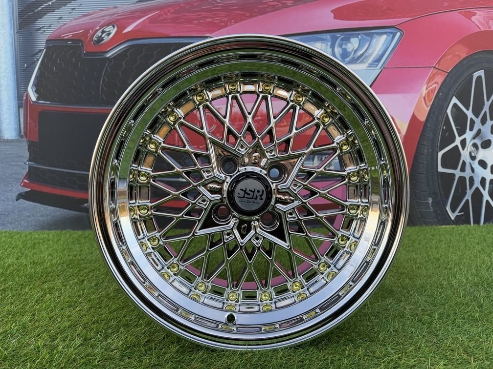 SSR Mesh Formula Style R15X8.25J 4X100 ET20 73.1 Black chrome with Gold Rivets 9