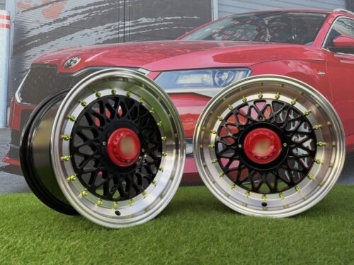 Porsche Mesh Mags R15X8J 4X100/5X100 ET25 73.1 Gloss Black with Diamond cut lip+Gold Rivets