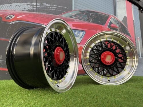 Porsche Mesh Mags R15X8J 4X100/5X100 ET25 73.1 Gloss Black with Diamond cut lip+Gold Rivets