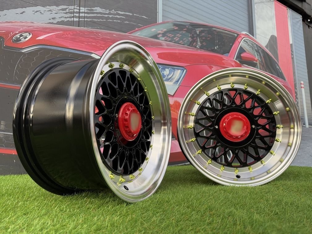 Porsche Mesh Mags R15X8J 4X100/5X100 ET25 73.1 Gloss Black with Diamond cut lip+Gold Rivets 3