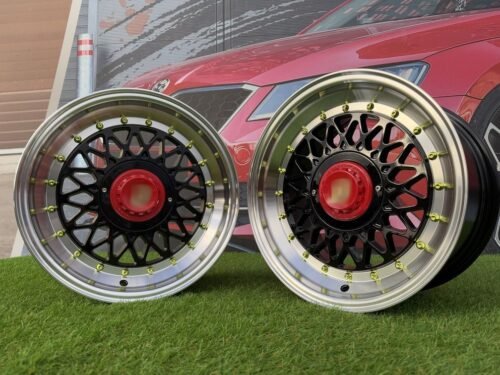 Porsche Mesh Mags R15X8J 4X100/5X100 ET25 73.1 Gloss Black with Diamond cut lip+Gold Rivets