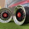Porsche Mesh Mags R15X8J 4X100/5X100 ET25 73.1 Gloss Black with Diamond cut lip+Gold Rivets