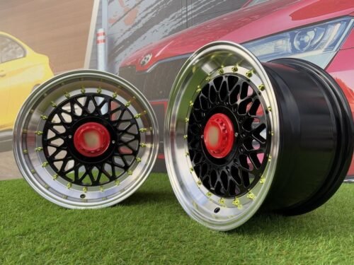 Porsche Mesh Mags R15X8J 4X100/5X100 ET25 73.1 Gloss Black with Diamond cut lip+Gold Rivets