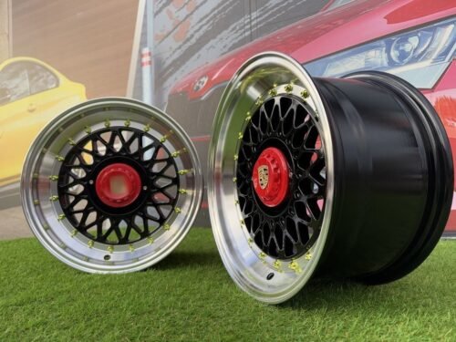 Porsche Mesh Mags R15X8J 4X100/5X100 ET25 73.1 Gloss Black with Diamond cut lip+Gold Rivets