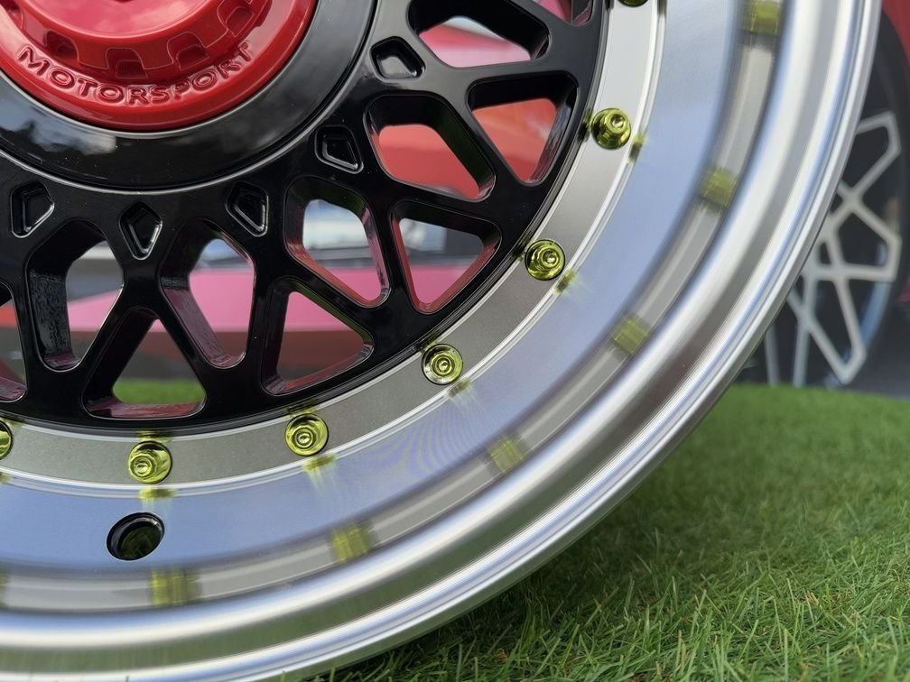 Porsche Mesh Mags R15X8J 4X100/5X100 ET25 73.1 Gloss Black with Diamond cut lip+Gold Rivets 7
