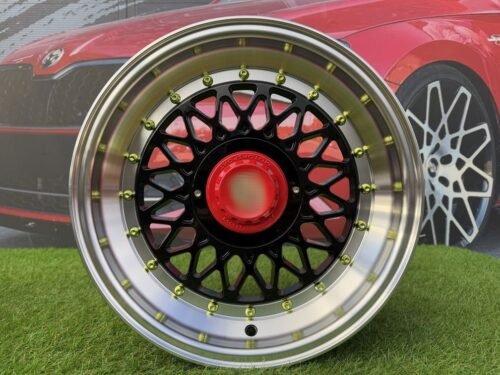 Porsche Mesh Mags R15X8J 4X100/5X100 ET25 73.1 Gloss Black with Diamond cut lip+Gold Rivets