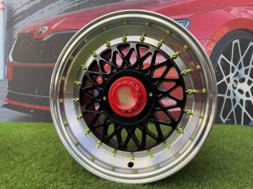 Porsche Mesh Mags R15X8J 4X100/5X100 ET25 73.1 Gloss Black with Diamond cut lip+Gold Rivets