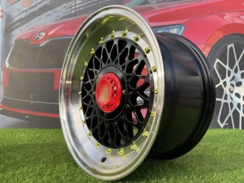 Porsche Mesh Mags R15X8J 4X100/5X100 ET25 73.1 Gloss Black with Diamond cut lip+Gold Rivets