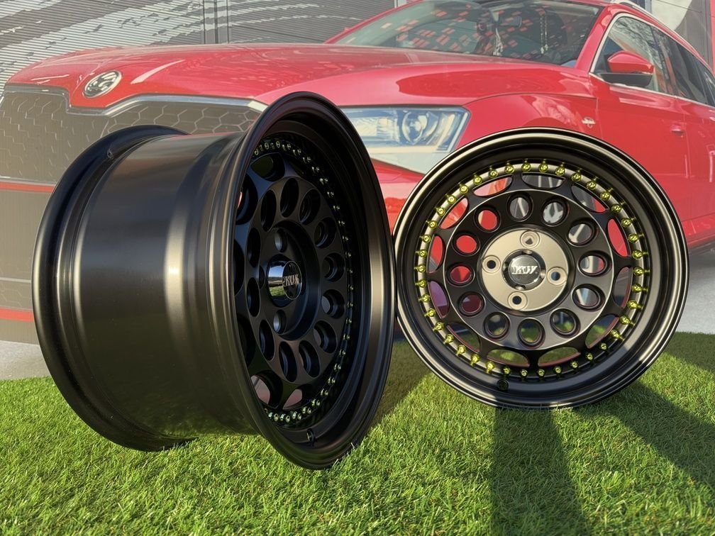 HVN Rotiform Style  R15X8J 4X100 ET10 73.1 Matt Black with Gold rivets 2