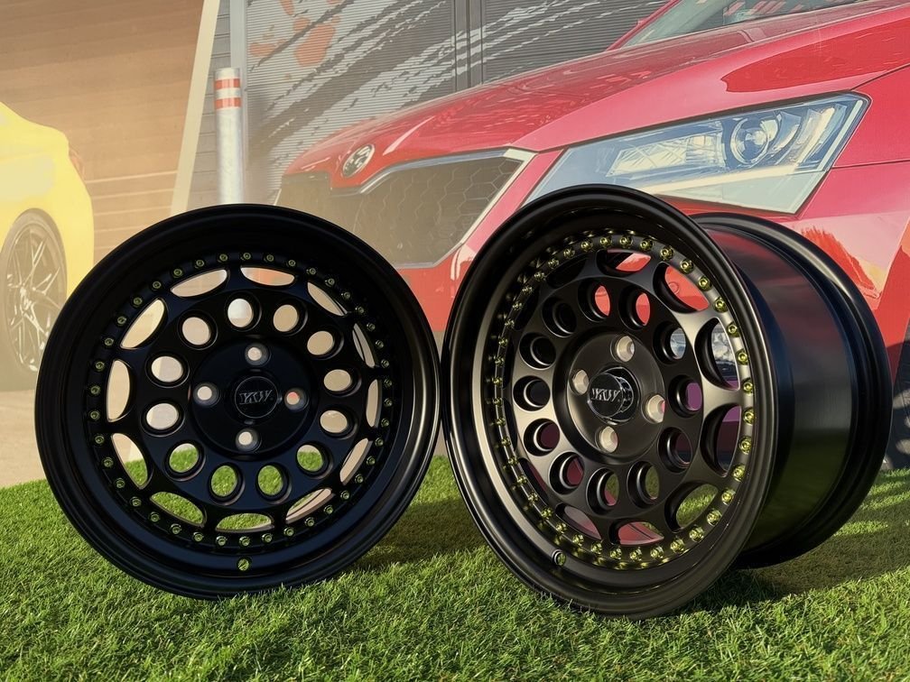 HVN Rotiform Style  R15X8J 4X100 ET10 73.1 Matt Black with Gold rivets 3