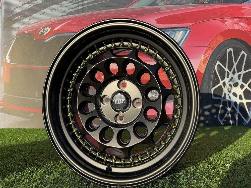 HVN Rotiform Style  R15X8J 4X100 ET10 73.1 Matt Black with Gold rivets 8