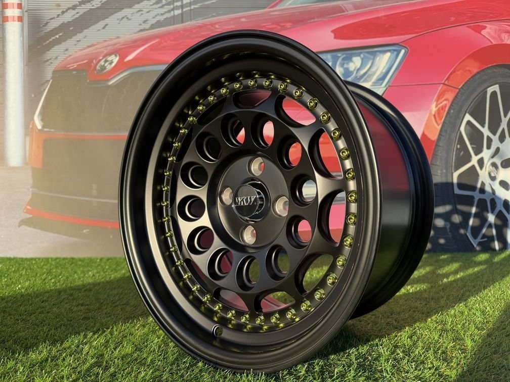 HVN Rotiform Style  R15X8J 4X100 ET10 73.1 Matt Black with Gold rivets 9