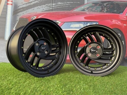 HIRO V1-R Style R15X8.5J 4X100 ET10 73.1 Matt Black with Gold rivets