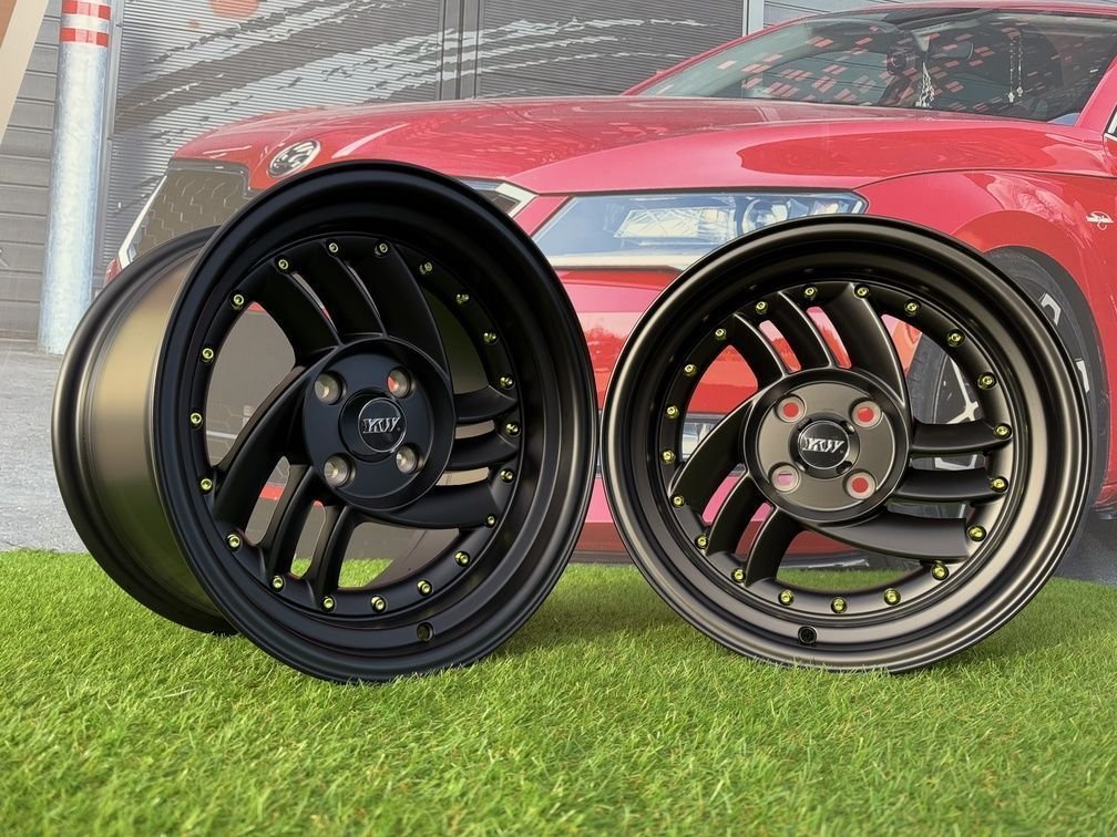 HIRO V1-R Style R15X8.5J 4X100 ET10 73.1 Matt Black with Gold rivets 2