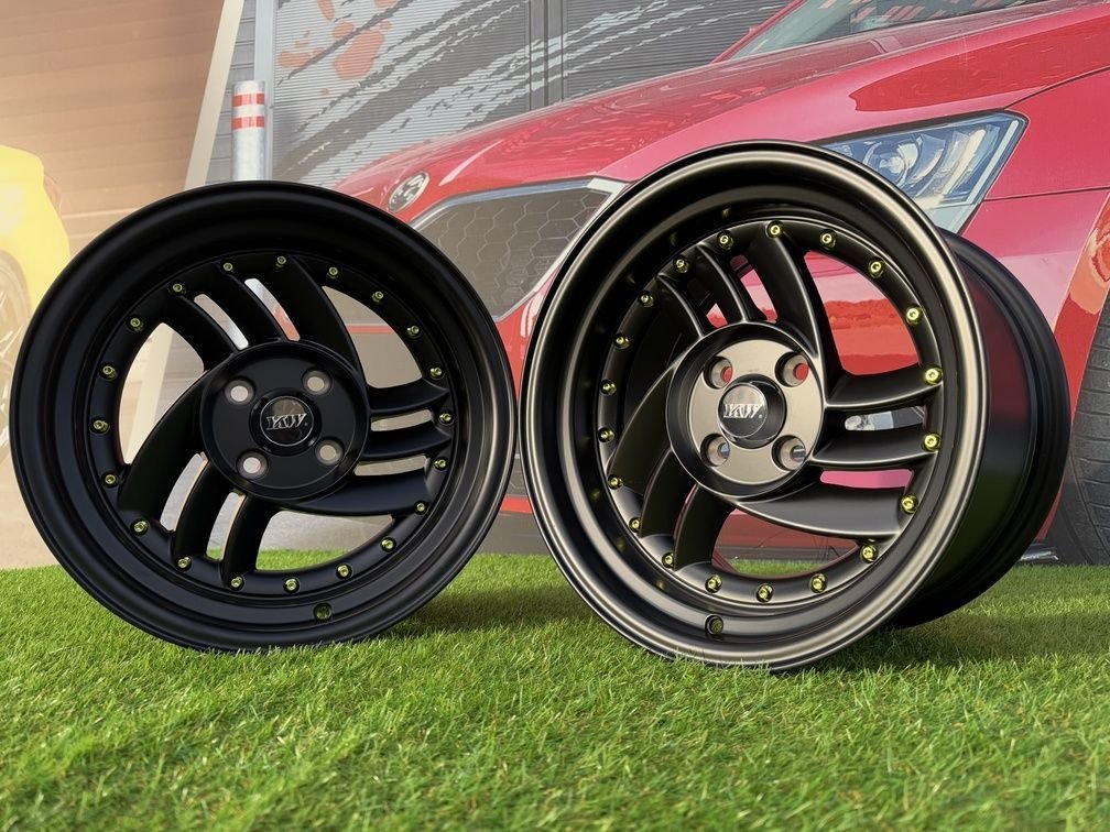 HIRO V1-R Style R15X8.5J 4X100 ET10 73.1 Matt Black with Gold rivets 4