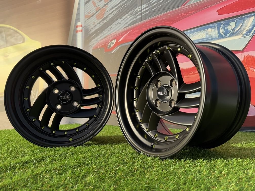 HIRO V1-R Style R15X8.5J 4X100 ET10 73.1 Matt Black with Gold rivets 5
