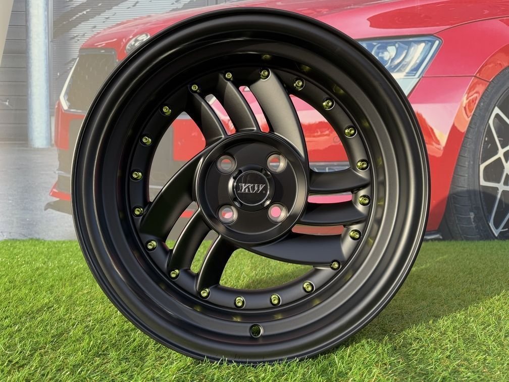 HIRO V1-R Style R15X8.5J 4X100 ET10 73.1 Matt Black with Gold rivets 8