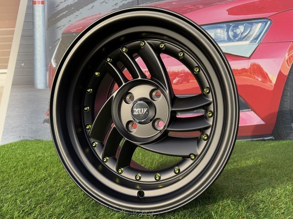 HIRO V1-R Style R15X8.5J 4X100 ET10 73.1 Matt Black with Gold rivets 9