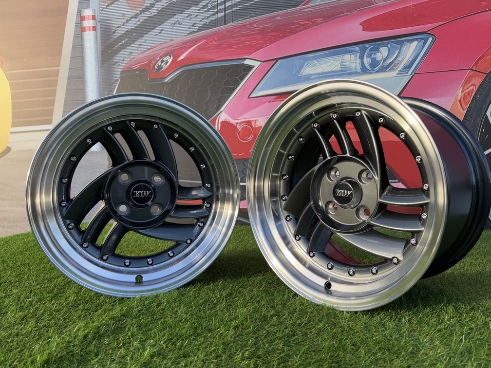 HIRO V1-R Style R15X8.5J 4X100 ET10 73.1 Grey with Diamond cut lip and silver rivets 4