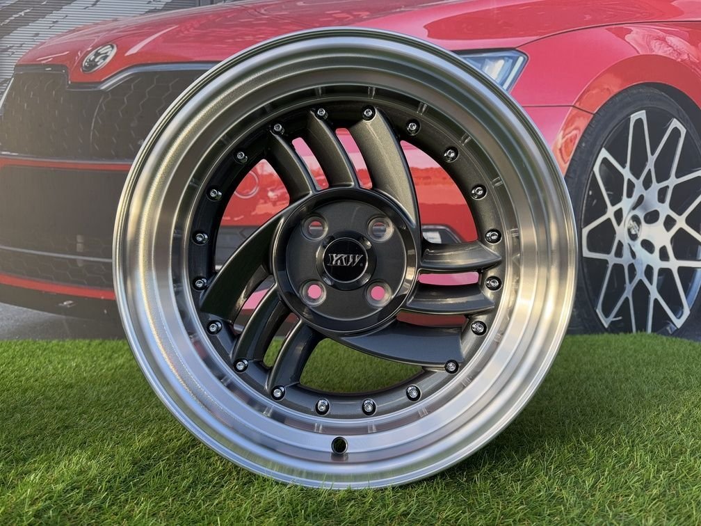 HIRO V1-R Style R15X8.5J 4X100 ET10 73.1 Grey with Diamond cut lip and silver rivets 8