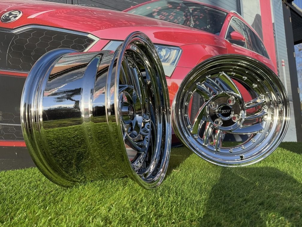 HIRO V1-R Style R15X8.5J 4X100 ET10 73.1 Chrome with silver rivets 4