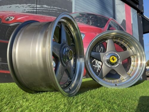 Ferrari Azev Type A Style R17X10J 5X112/5X120 ET15 72.6 Grey with Diamond cut lip and gold rivets