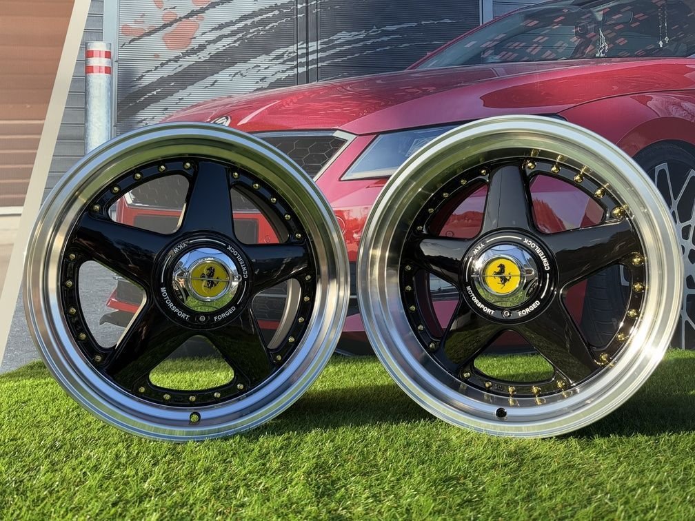 Ferrari Azev Type A Style R17X8.5J 5X112/5X120 ET25 72.6 Gloss Black with Diamond cut lip and gold Rivets