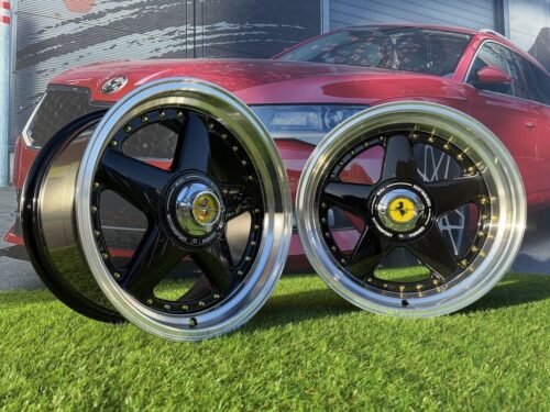 Ferrari Azev Type A Style R17X10J 5X112/5X120 ET15 72.6 Gloss Black with Diamond cut lip and gold Rivets