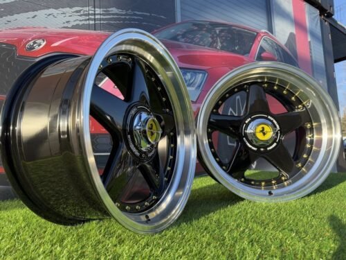 Ferrari Azev Type A Style R17X10J 5X112/5X120 ET15 72.6 Gloss Black with Diamond cut lip and gold Rivets