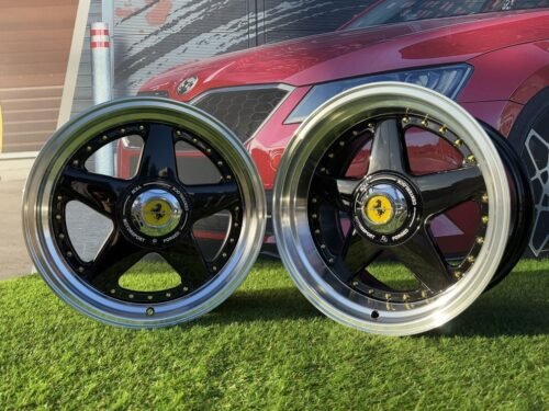 Ferrari Azev Type A Style R17X10J 5X112/5X120 ET15 72.6 Gloss Black with Diamond cut lip and gold Rivets