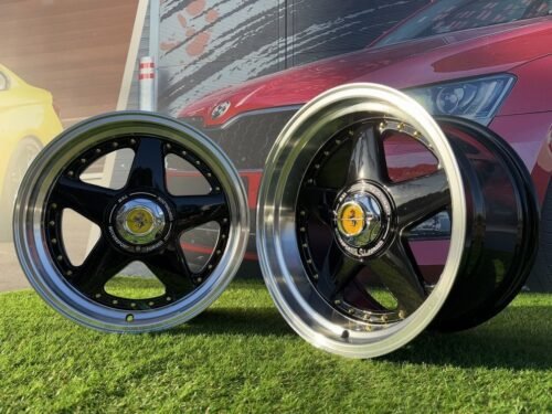Ferrari Azev Type A Style R17X10J 5X112/5X120 ET15 72.6 Gloss Black with Diamond cut lip and gold Rivets
