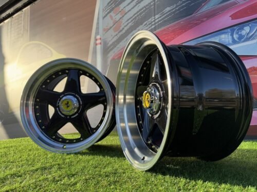Ferrari Azev Type A Style R17X10J 5X112/5X120 ET15 72.6 Gloss Black with Diamond cut lip and gold Rivets