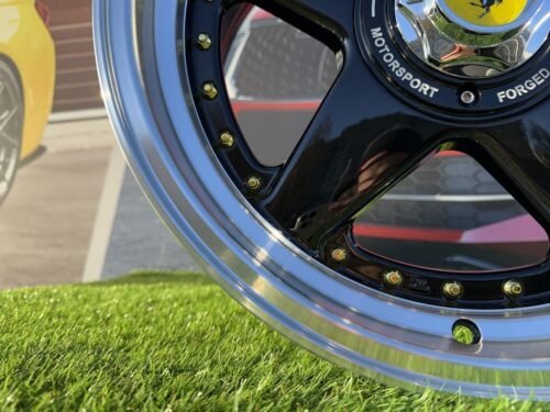 Ferrari Azev Type A Style R17X10J 5X112/5X120 ET15 72.6 Gloss Black with Diamond cut lip and gold Rivets