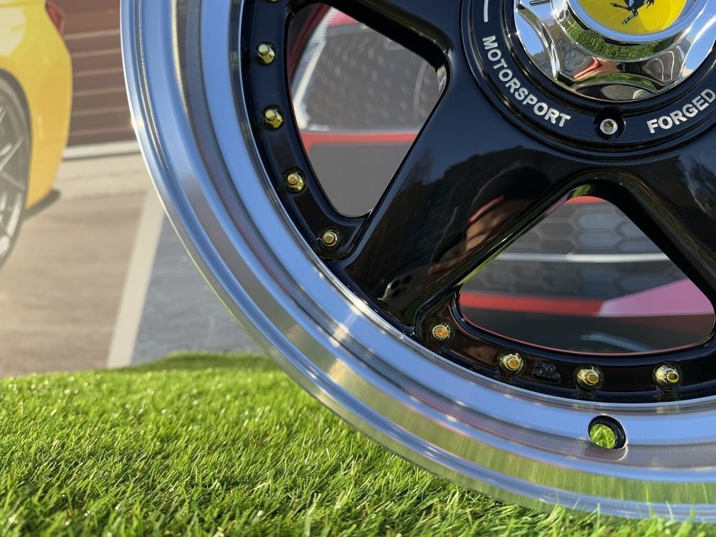 Ferrari Azev Type A Style R17X10J 5X112/5X120 ET15 72.6 Gloss Black with Diamond cut lip and gold Rivets 7