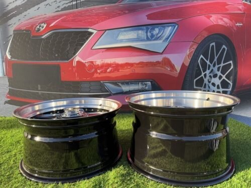 Ferrari Azev Type A Style R17X10J 5X112/5X120 ET15 72.6 Gloss Black with Diamond cut lip and gold Rivets