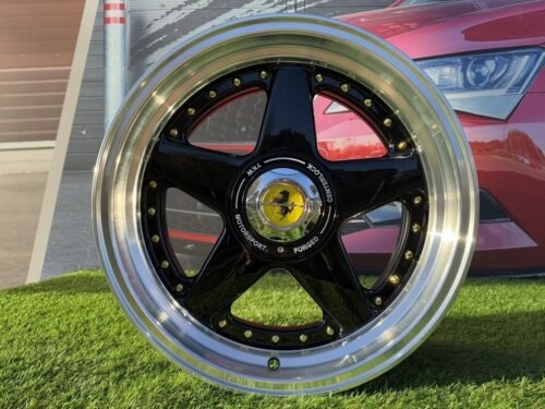 Ferrari Azev Type A Style R17X10J 5X112/5X120 ET15 72.6 Gloss Black with Diamond cut lip and gold Rivets