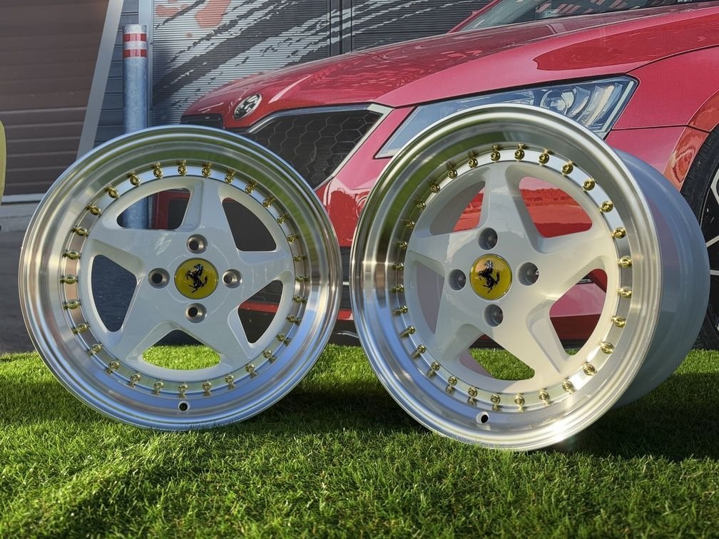 Ferrari 348 Style R15X8.25J 4X100 ET25 73.1 White with Diamond cut lip and gold rivets 4