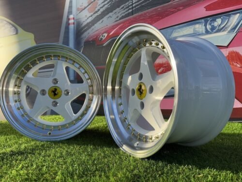 Ferrari 348 Style R15X8.25J 4X100 ET25 73.1 White with Diamond cut lip and gold rivets