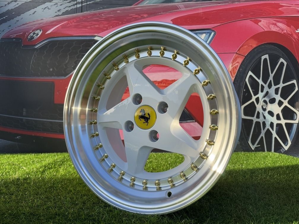 Ferrari 348 Style R15X8.25J 4X100 ET25 73.1 White with Diamond cut lip and gold rivets 8