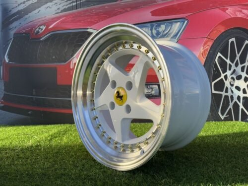 Ferrari 348 Style R15X8.25J 4X100 ET25 73.1 White with Diamond cut lip and gold rivets